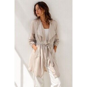 H&M Beige Lyocell Drape Front Trench Coat Jacket Tie Waist Womens US 14